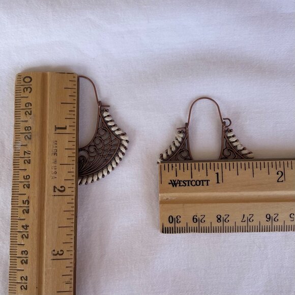 Boho Copper Filigree Hoop Earrings with Cream Accents Handmade 2 Inch Drop Light - Picture 4 of 6